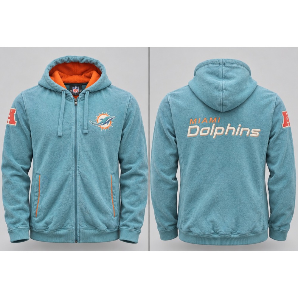 NFL Miami Dolphins Hoodie Mens Medium Teal Full Zip Sherpa Lined Fleece Jacket
